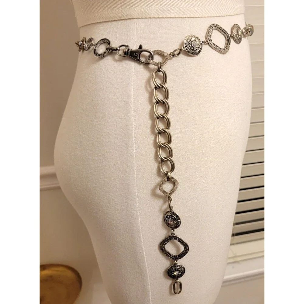 Ruby Rd. Chain Statement Belt Women’s AB Rhinestone Flowers Silver Tone Vintage